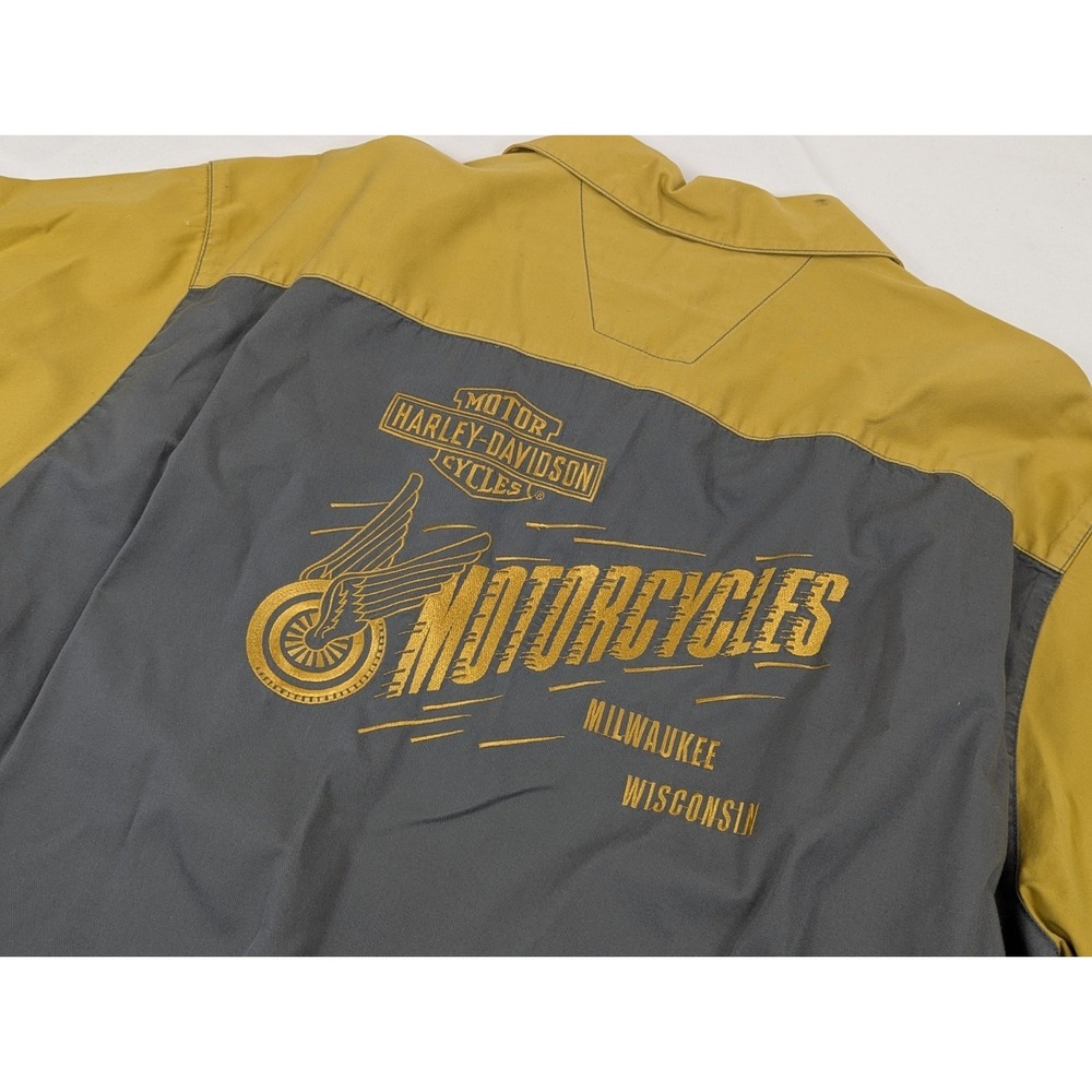 Harley‎ Davidson Shirt Mens XXL Gray Gold Shop Mechanic Embroidered Milwaukee